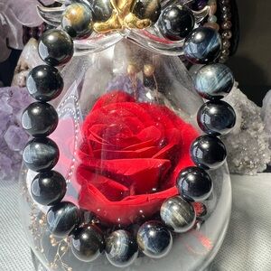 10MM Blue Tiger Eye Flash Beaded Bracelet Natural Reiki Crystal Quartz 6.5”